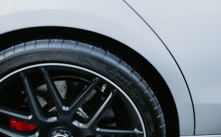 Close-up of an alloy wheel and tire