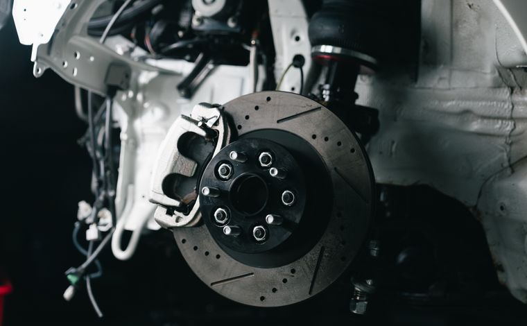 Close-up of a car disc brake and caliper